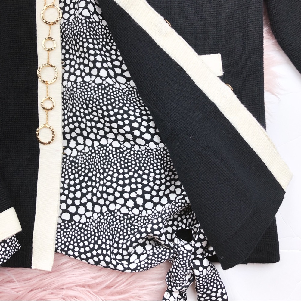 Talbots Black Side-Tie Polka Dot Striped Blouse L